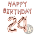 Rose gold foil balloon set featuring happy birthday banner and number 24 for birthday celebrations