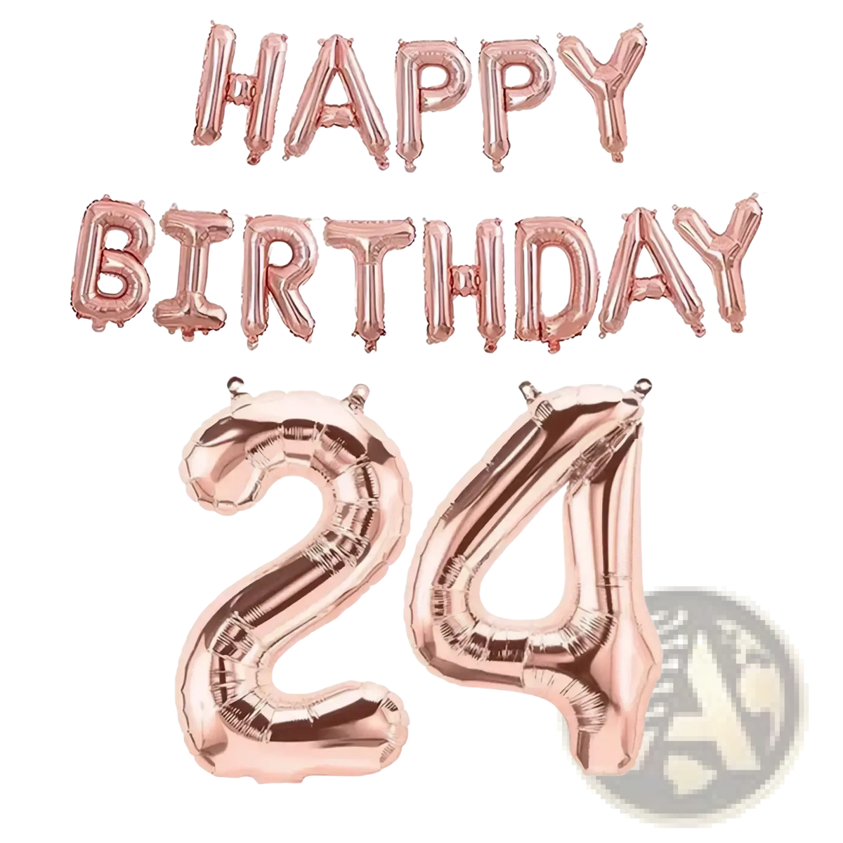 Rose gold foil balloon set featuring happy birthday banner and number 24 for birthday celebrations