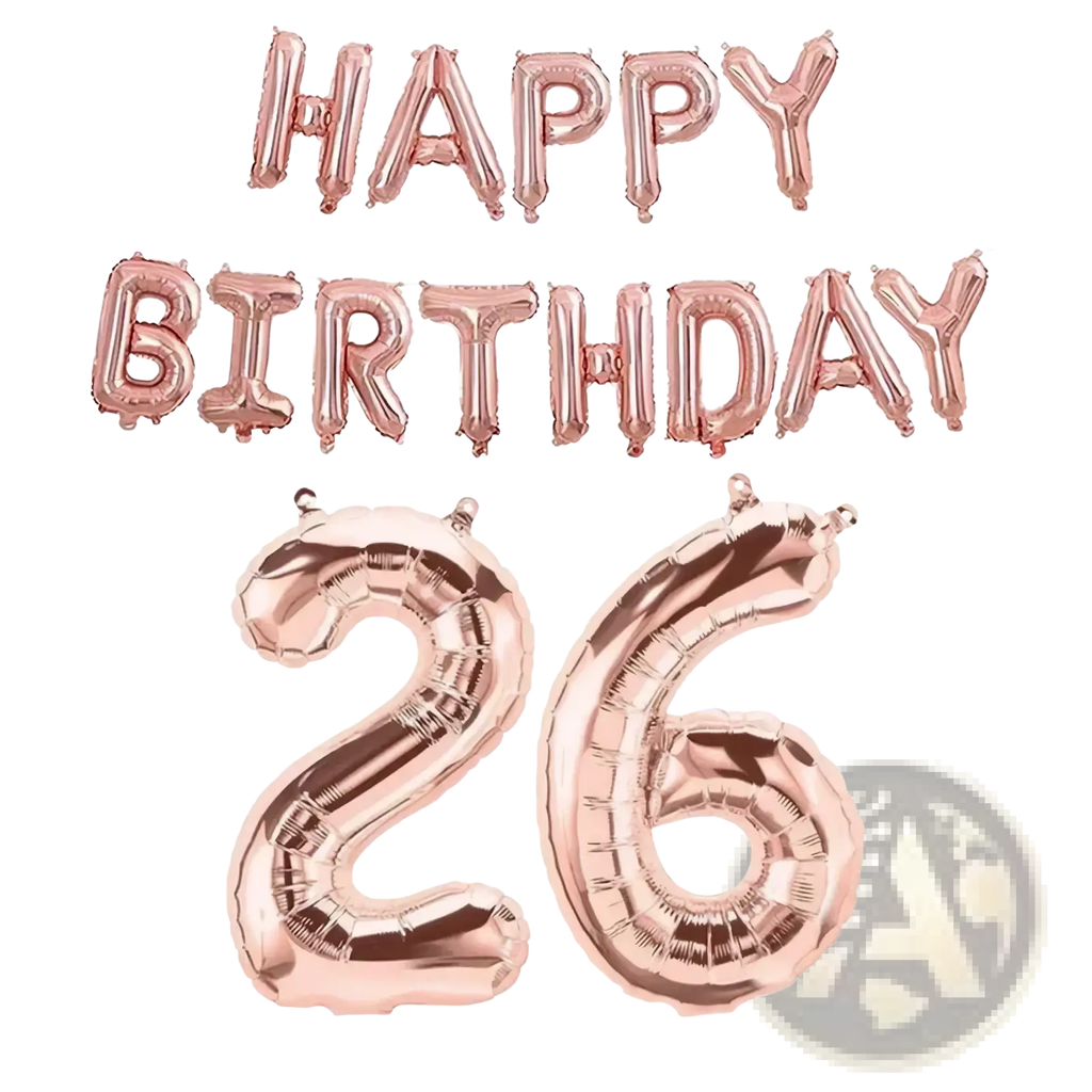 Rose gold foil balloon banner set with happy birthday and number 26 for birthday party decoration