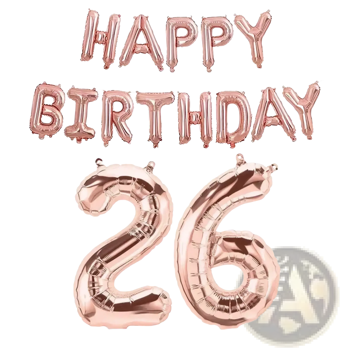 Rose gold foil balloon banner set with happy birthday and number 26 for birthday party decoration