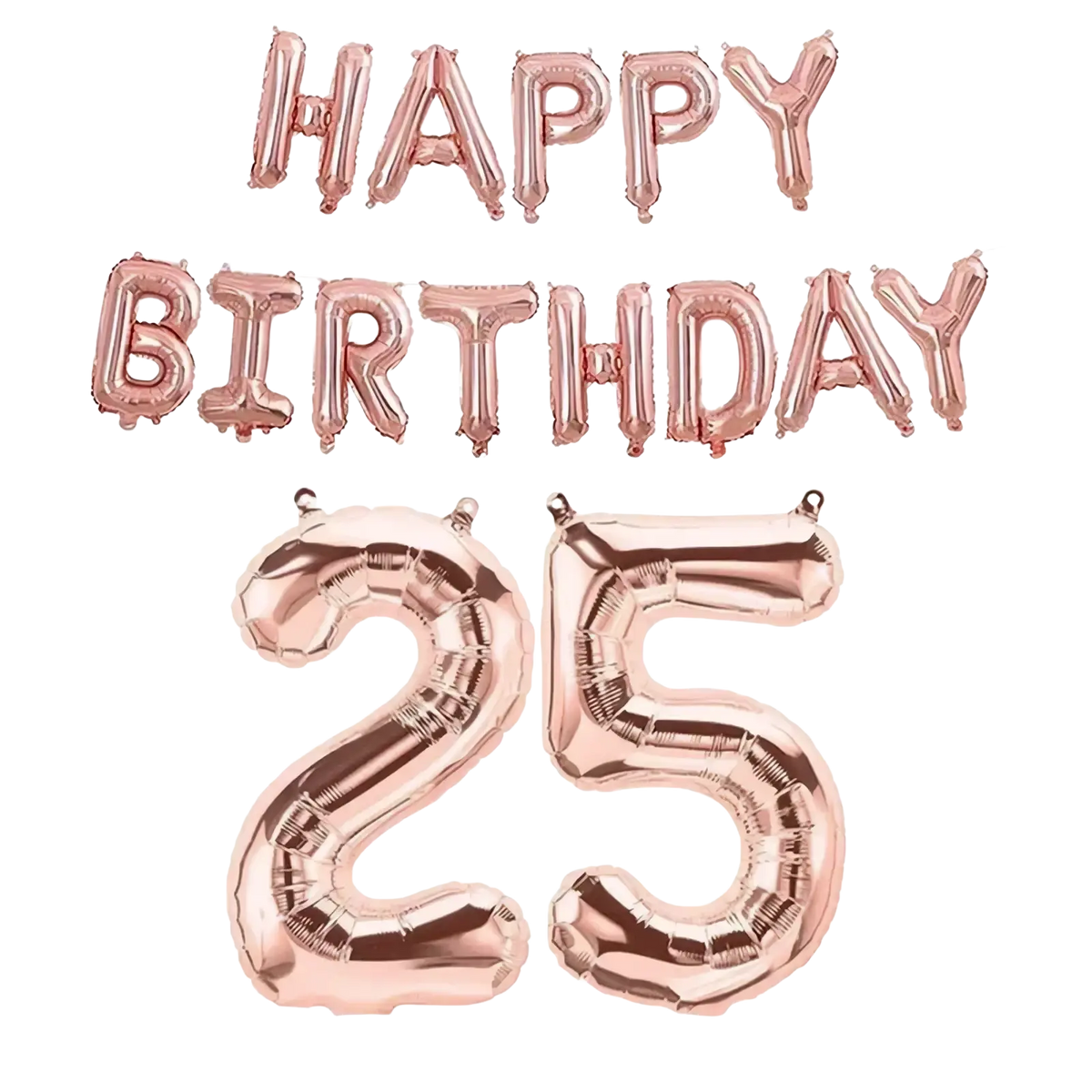 Rose gold foil balloon set featuring happy birthday banner and number 25 for milestone birthday celebrations