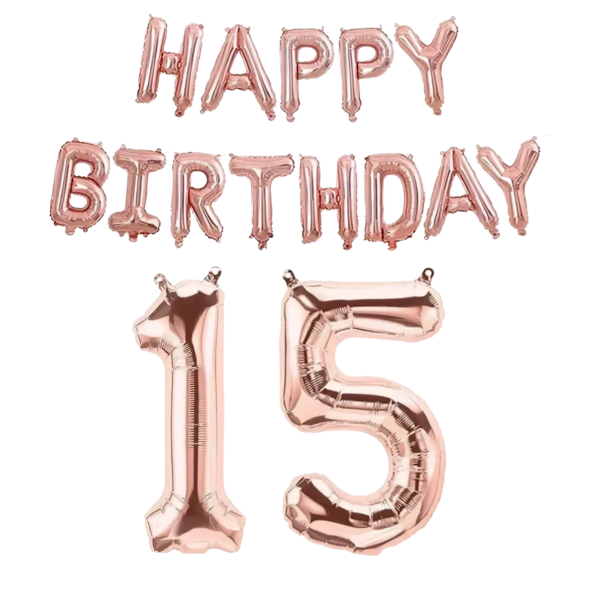 Rose gold foil balloon set featuring happy birthday banner and number 15 for birthday celebration decor