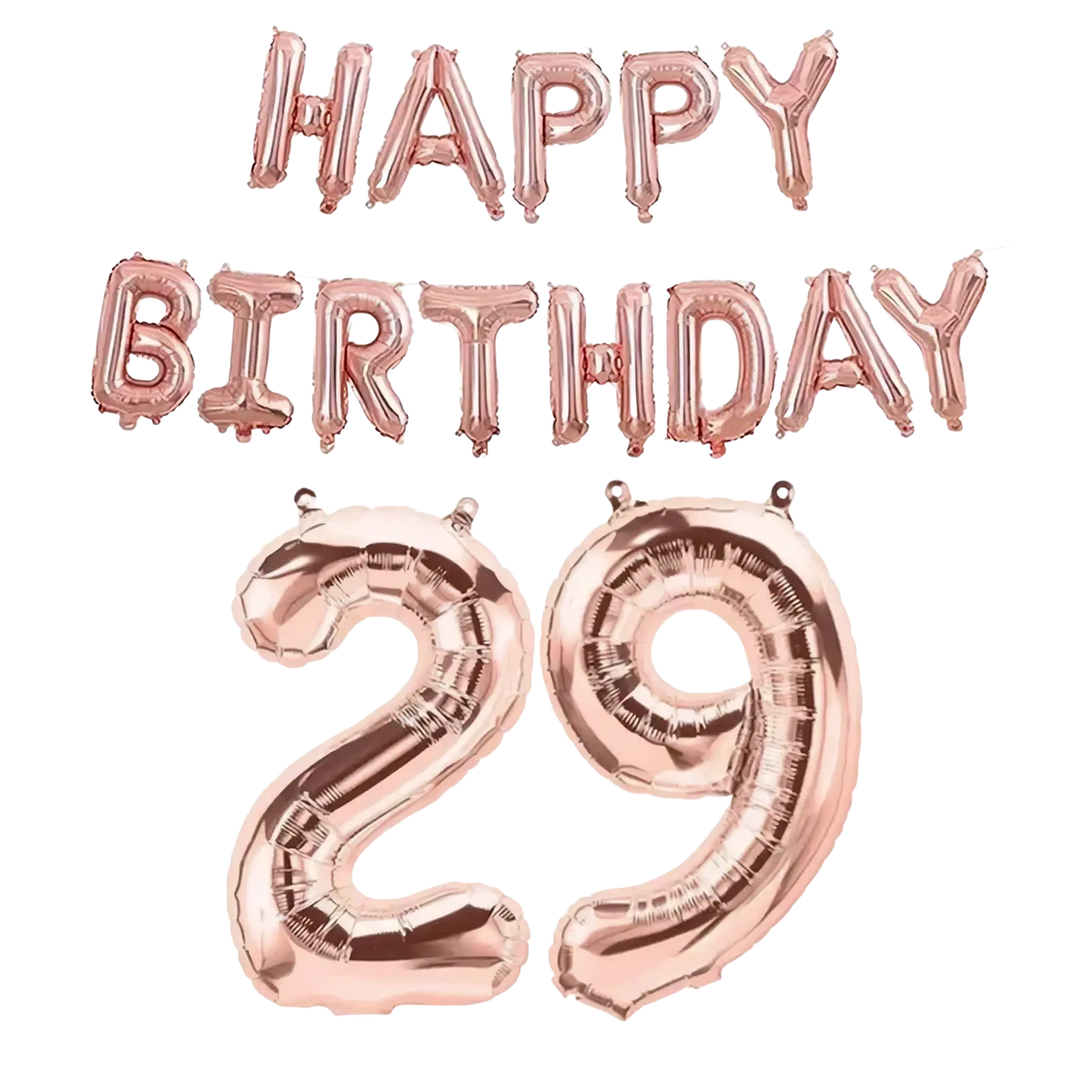 Rose gold foil balloon set featuring happy birthday banner and number 29 for birthday celebrations