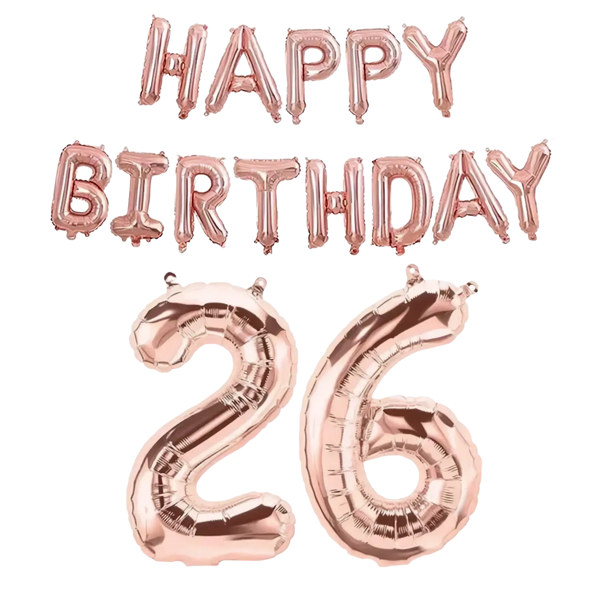 Rose gold foil balloon banner set with happy birthday and number 26 for birthday party decoration