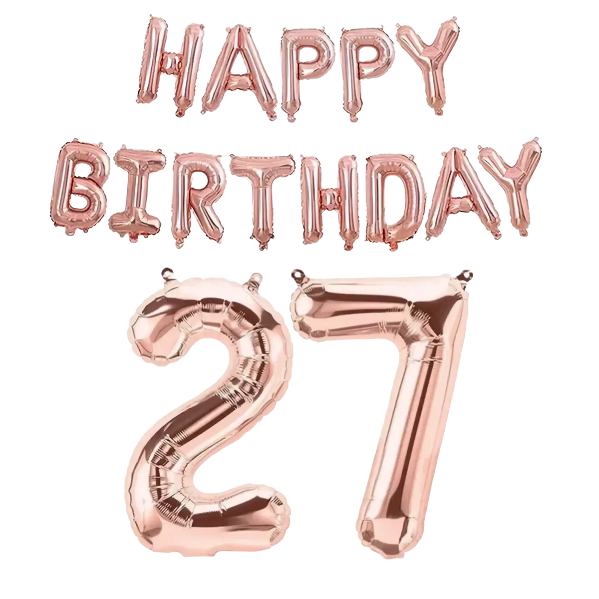 Rose gold foil balloon banner set featuring happy birthday text and number 27 for birthday decoration