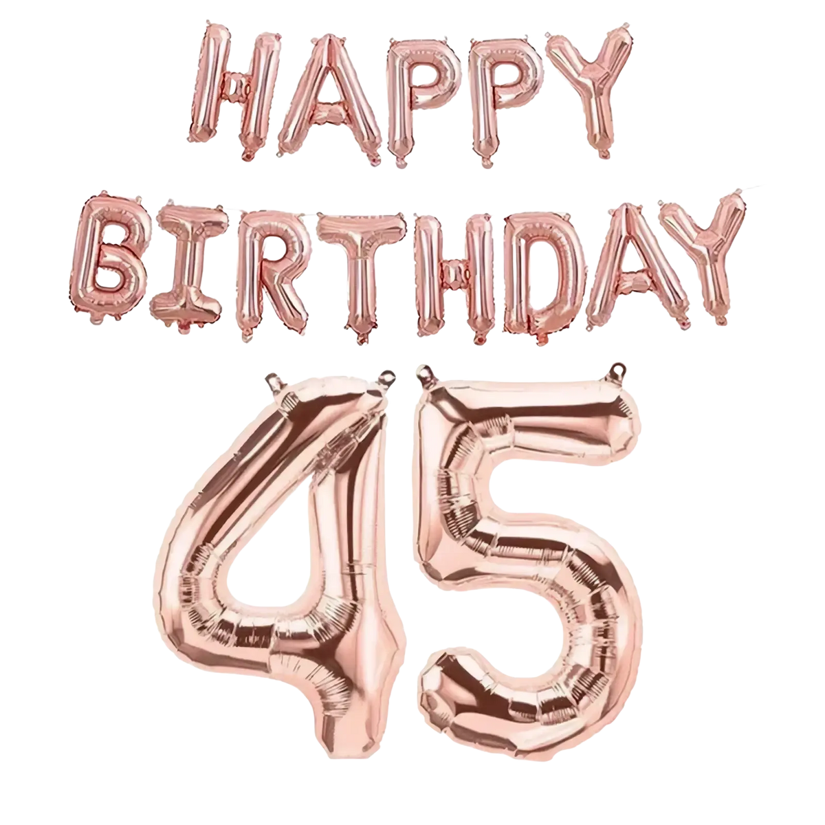 Rose gold foil balloon set featuring happy birthday banner and number 45 for birthday celebrations