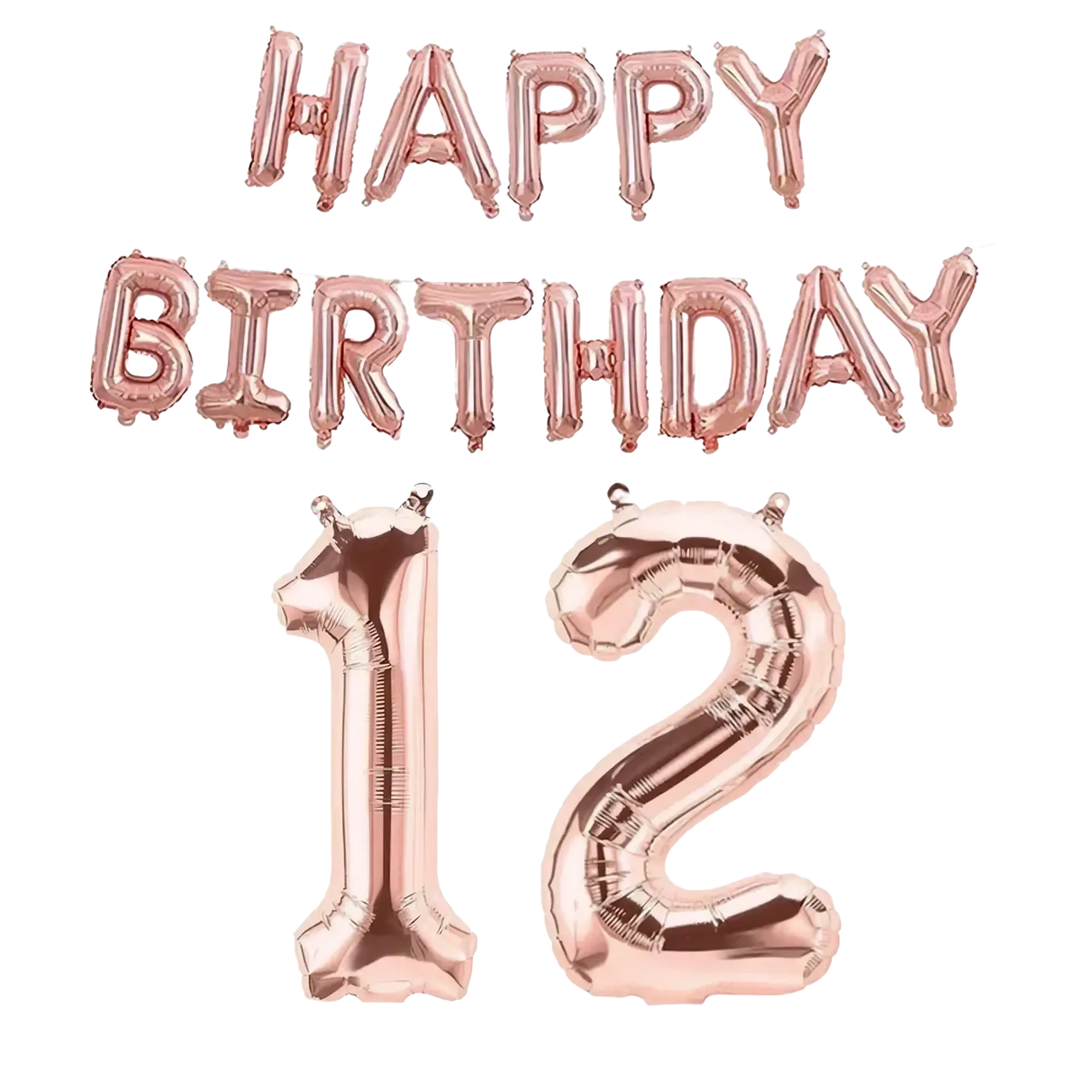 Rose gold foil balloon set featuring a happy birthday banner and number 12 for birthday celebrations