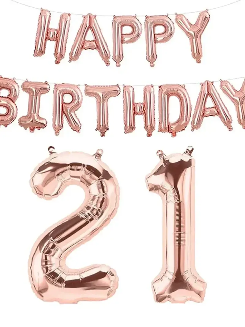 Rose gold foil balloon banner set featuring happy birthday and number 21 for birthday party decoration