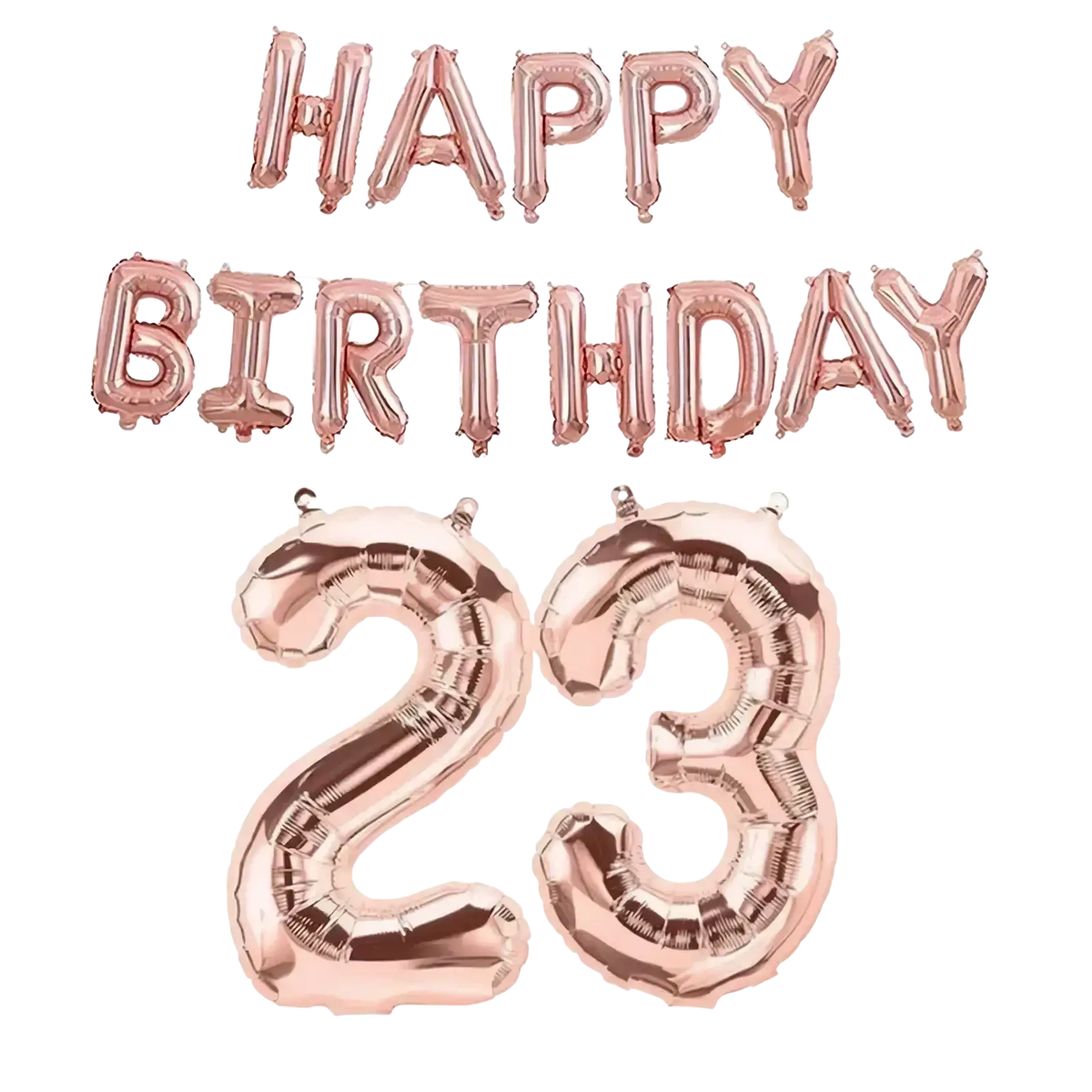 Rose gold foil balloon set featuring happy birthday and number 23 for birthday celebrations
