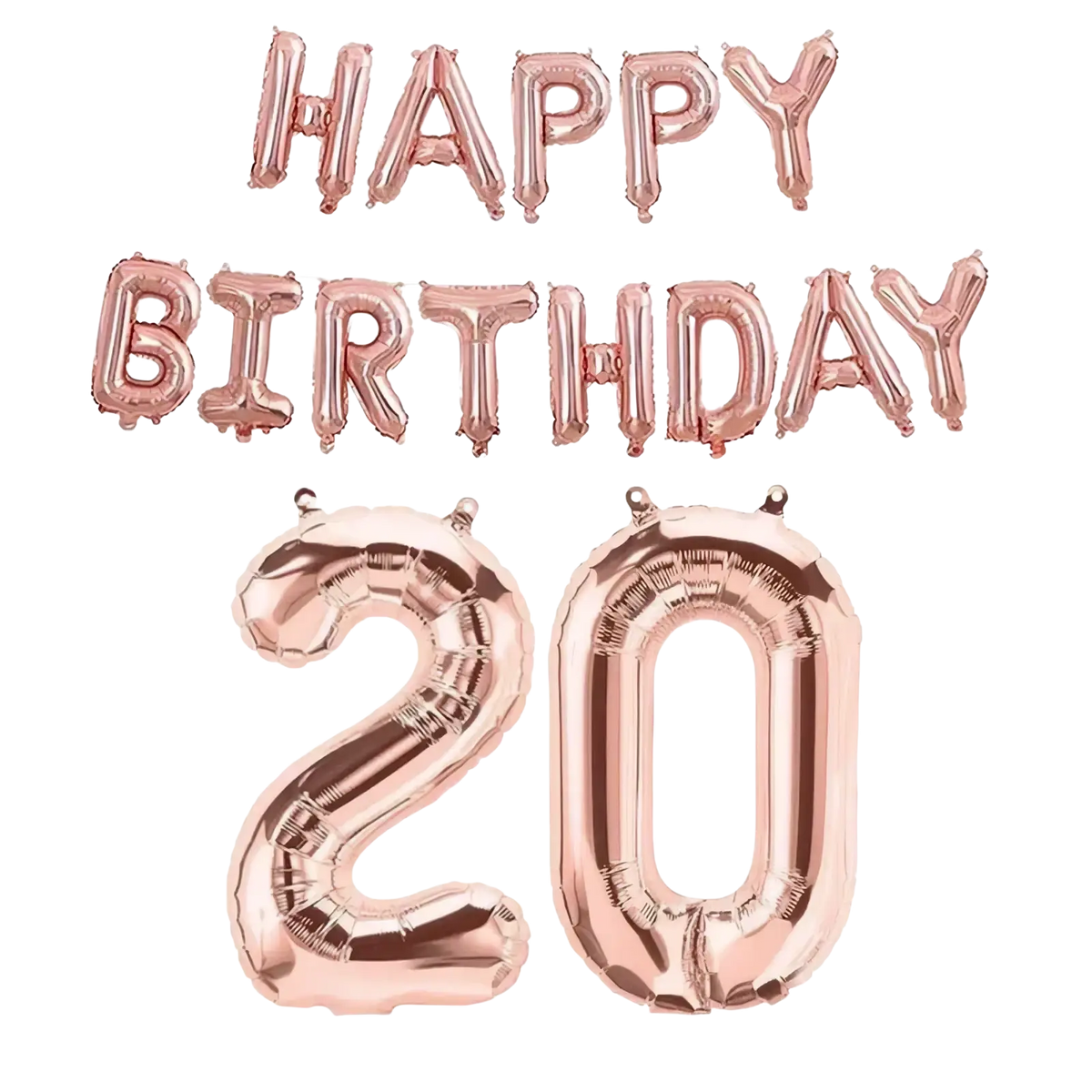 Rose gold foil balloon set featuring happy birthday banner and number 20 for birthday party decoration
