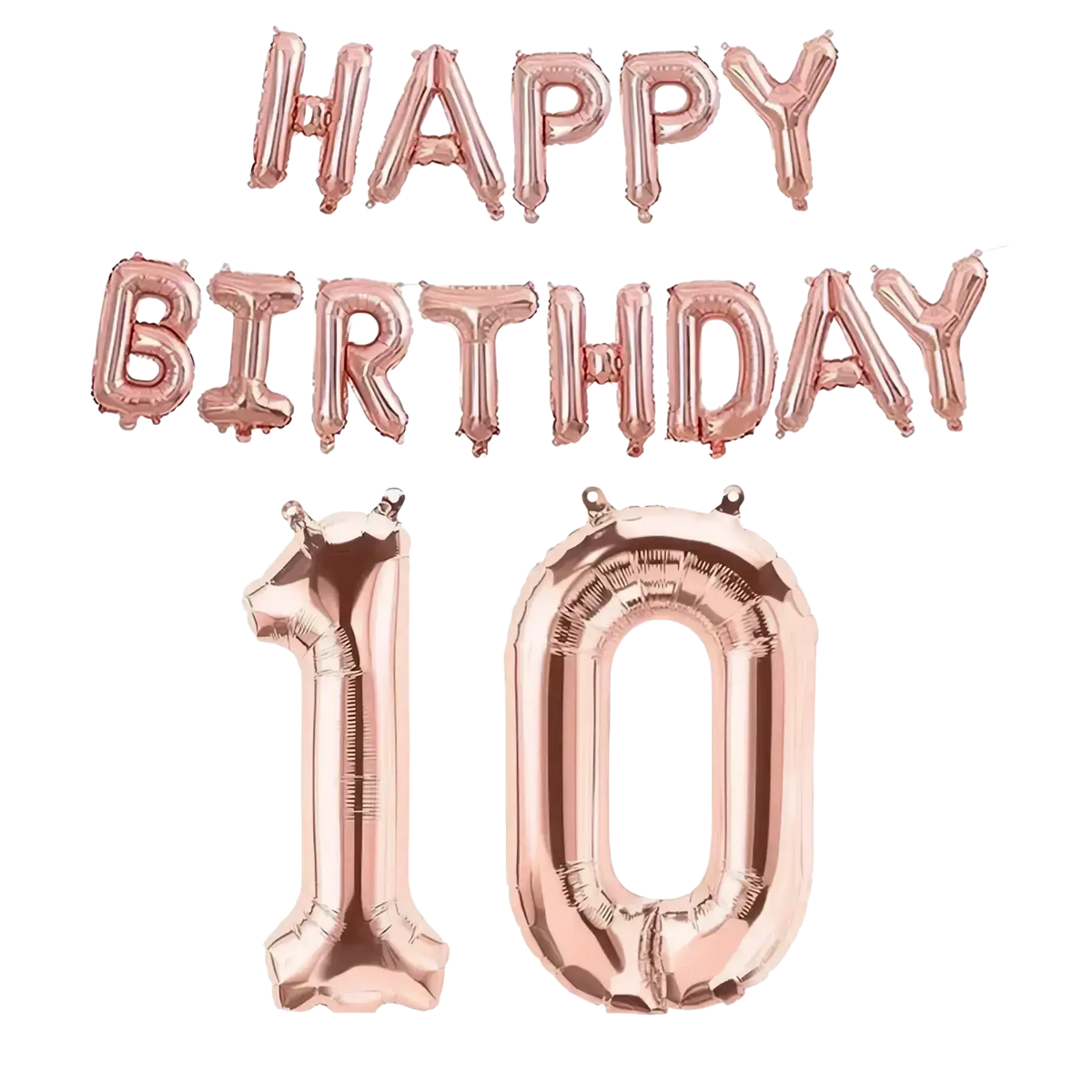 Rose gold foil balloon set spelling happy birthday 10 in rose gold for birthday party decorations