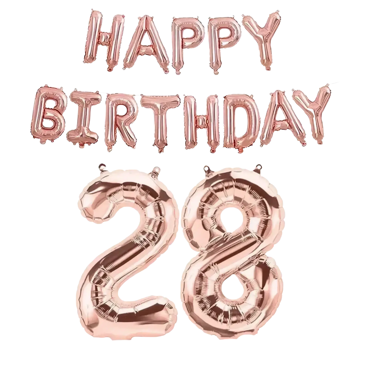 Rose gold foil balloon set spelling happy birthday 28 for birthday decoration with durable foil material