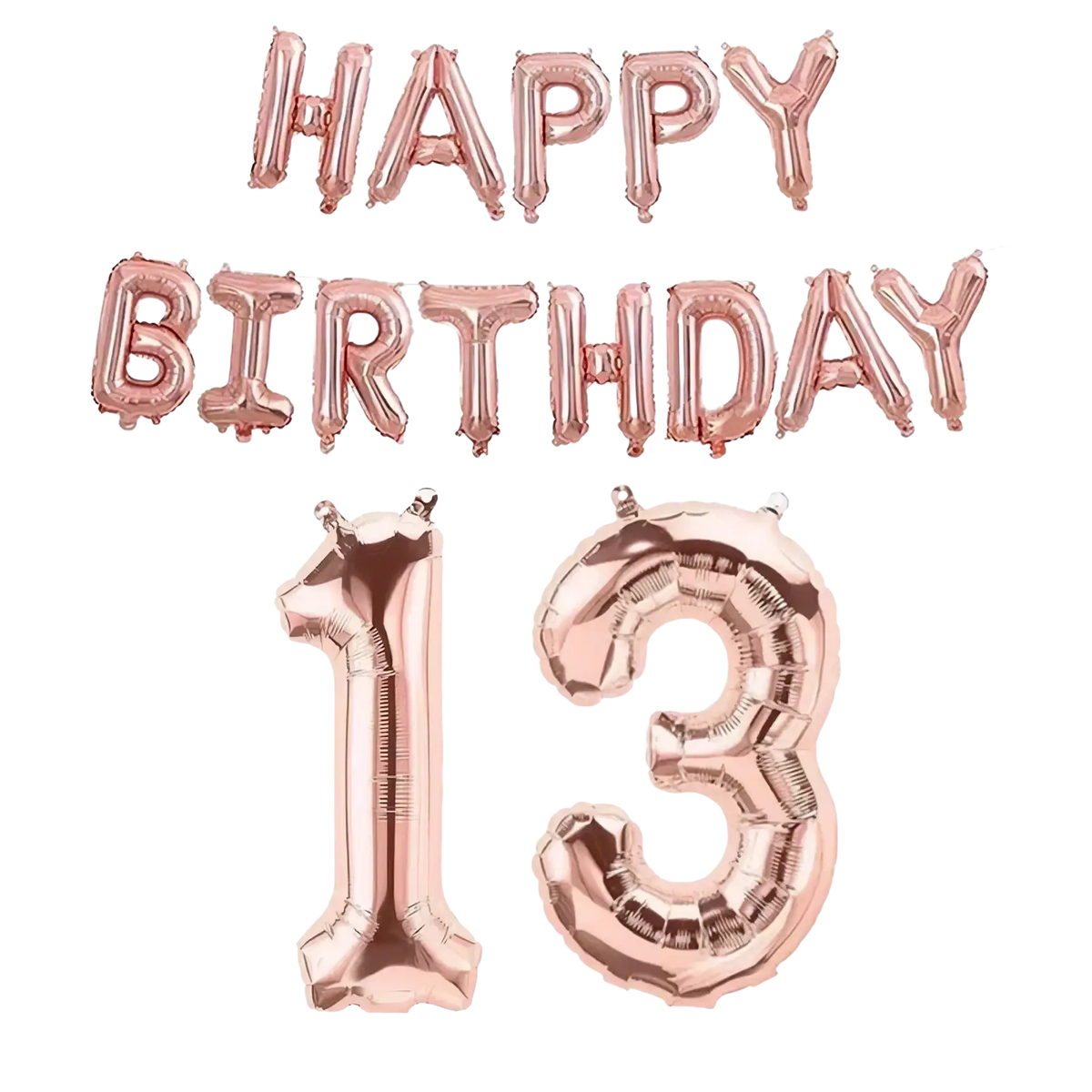 Rose gold number birthday balloon set with foil banner displaying happy birthday and number 13 for celebrations