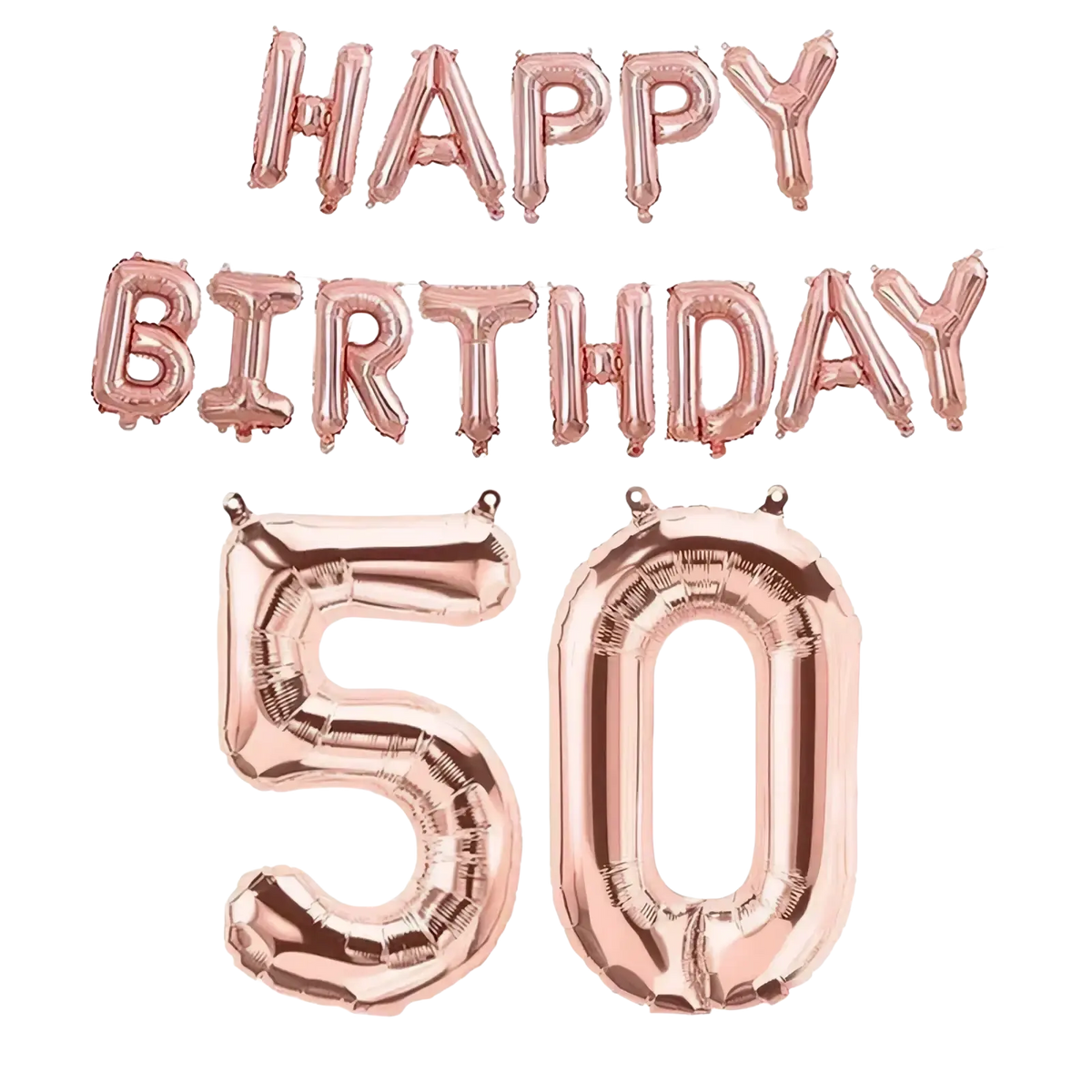 Rose gold foil balloon banner with happy birthday and number 50 for birthday celebrations in rose gold number balloon set