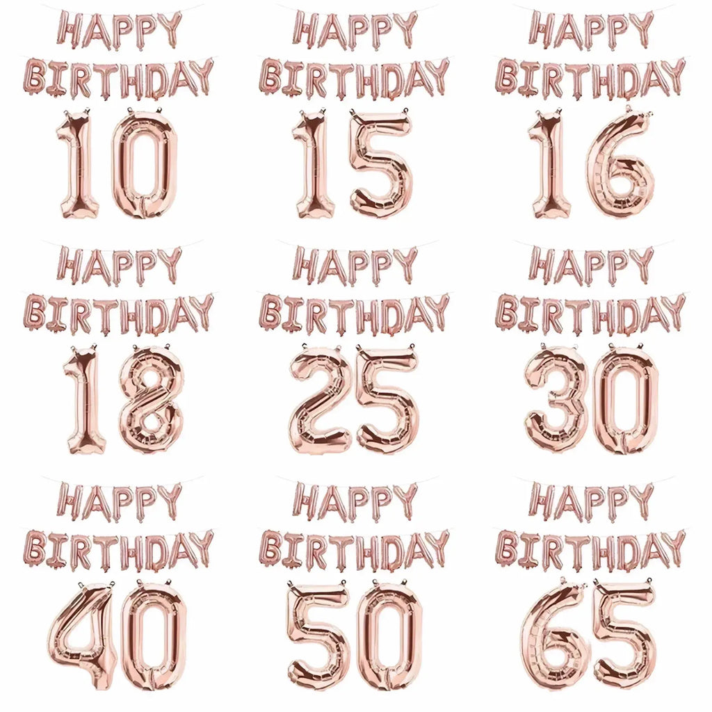 Rose gold foil balloon set featuring happy birthday banner and number balloons for ages 10 to 50 celebration