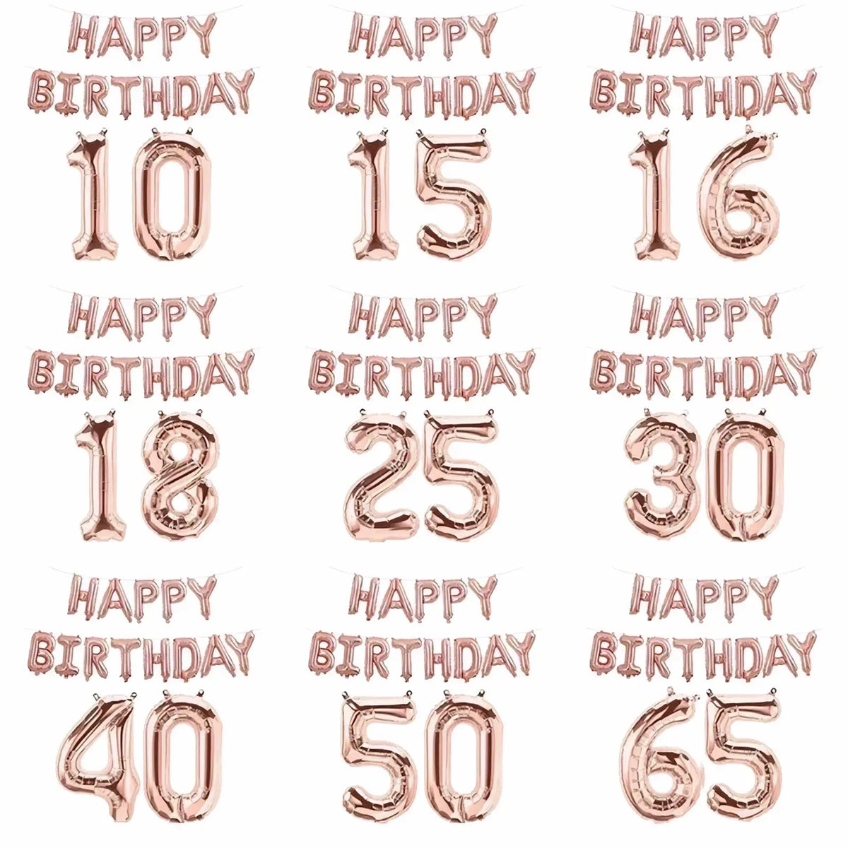 Rose gold foil balloon set featuring happy birthday banner and number balloons for ages 10 to 50 celebration