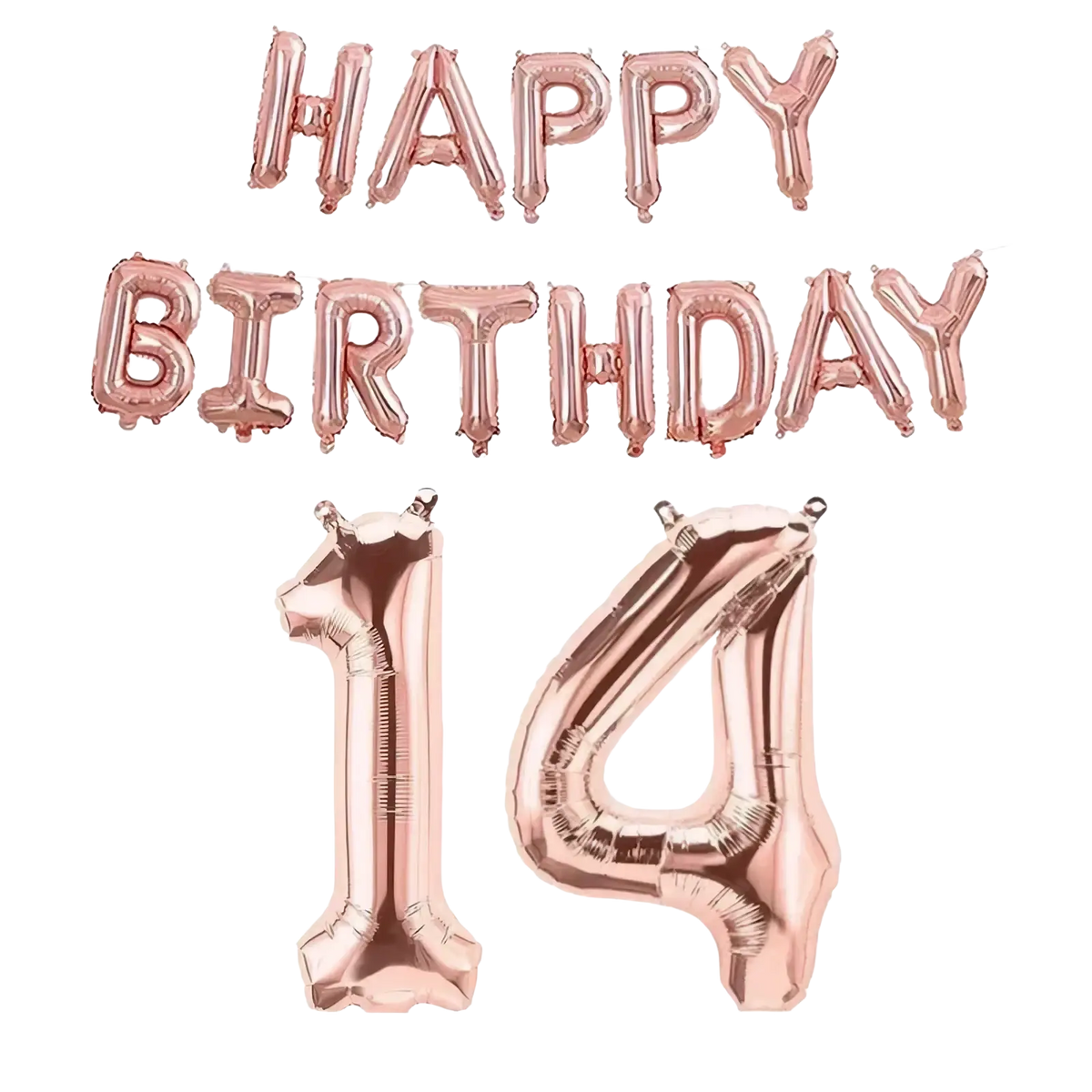 Rose gold foil balloon set with happy birthday banner and number 14 for birthday party decoration