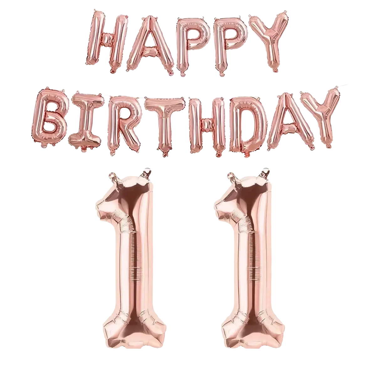 Rose gold foil balloon banner with happy birthday and two number 1s for birthday celebration decor