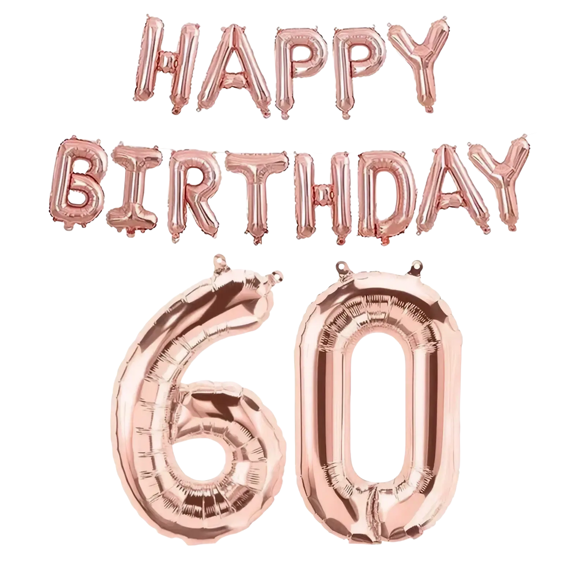 Rose gold foil balloon banner with happy birthday text and number 60 for birthday celebration decoration