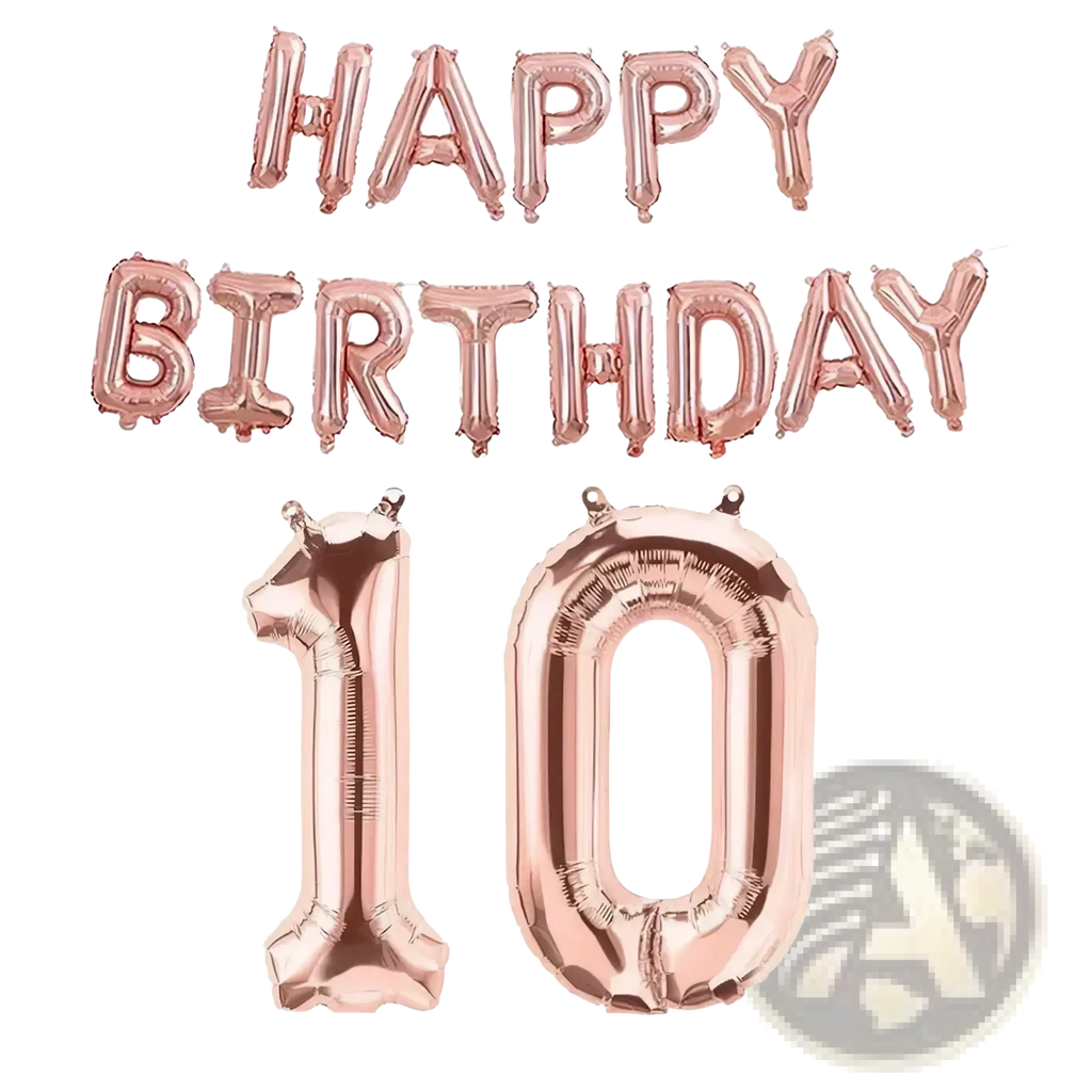 Rose gold number birthday balloon set with foil happy birthday banner and number 10 for party decoration
