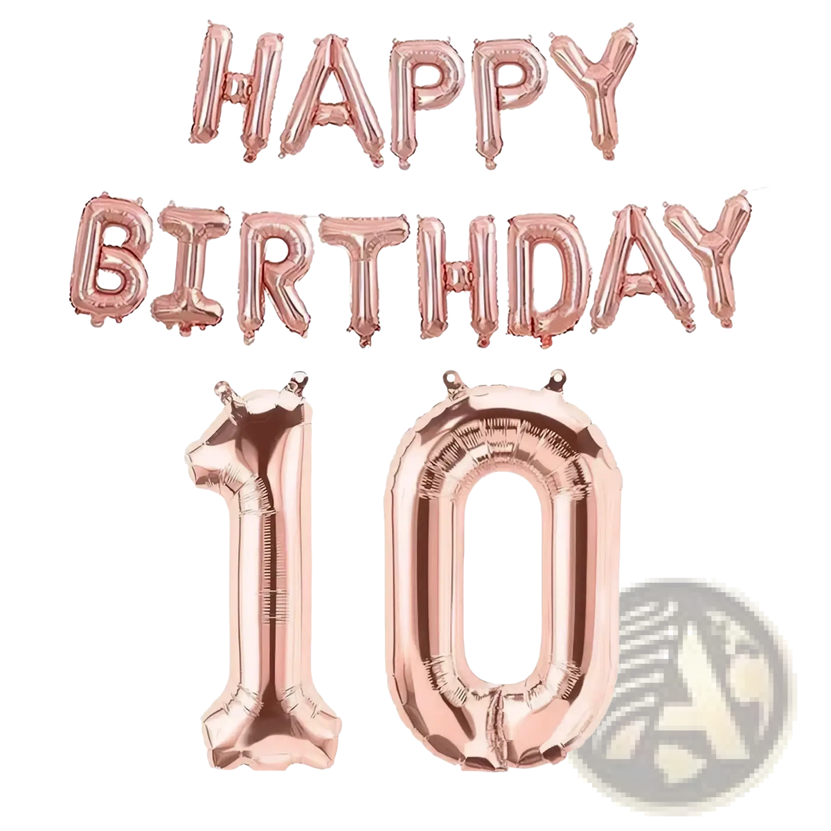 Rose gold foil balloon banner set featuring happy birthday and number 10 for birthday celebrations
