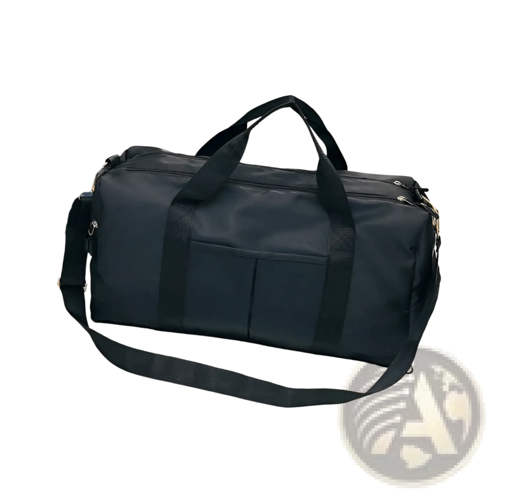 Black nylon waterproof sports duffel bag with dual top handles and detachable shoulder strap in rose gold accents