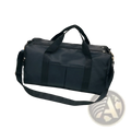 Black nylon waterproof sports duffel bag with dual top handles and detachable shoulder strap in rose gold accents