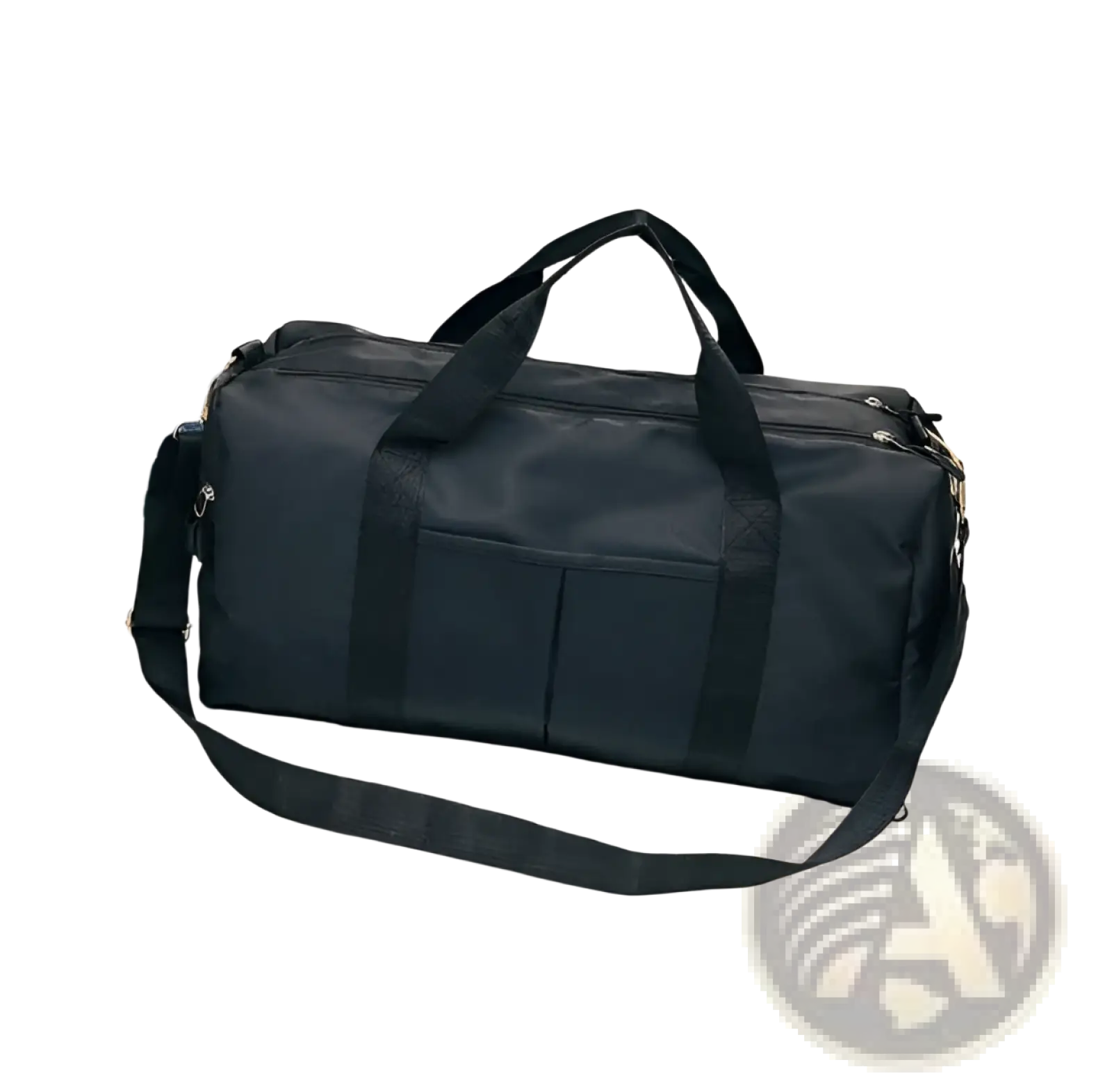 Black nylon waterproof sports duffel bag with dual top handles and detachable shoulder strap in rose gold accents