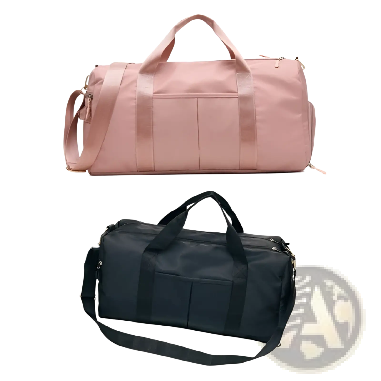 Rose gold nylon waterproof sports duffel bags in pink and black with adjustable straps, front pockets, and zipper closures