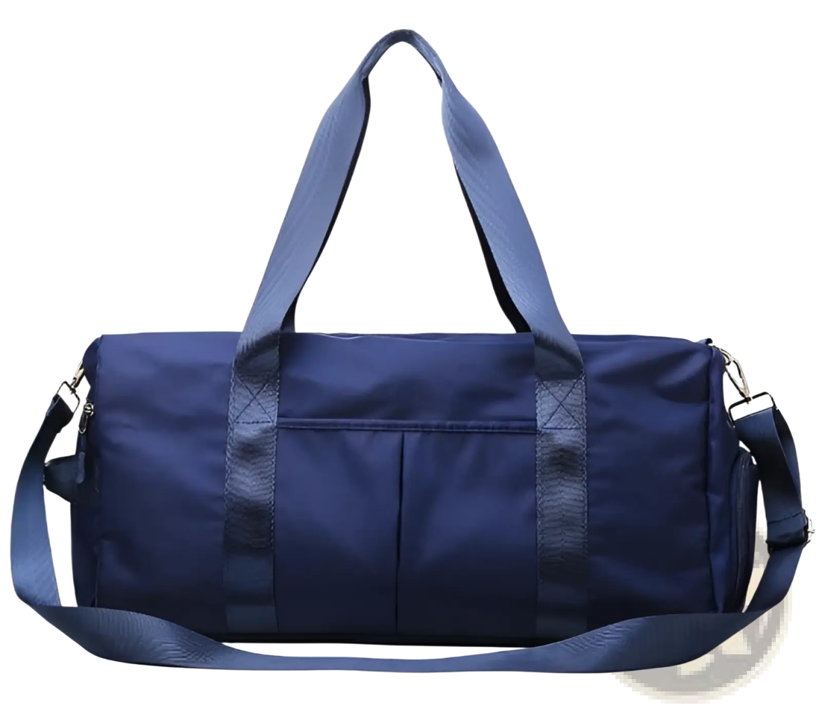 Navy blue nylon waterproof sports duffel bag with reinforced straps and side pockets