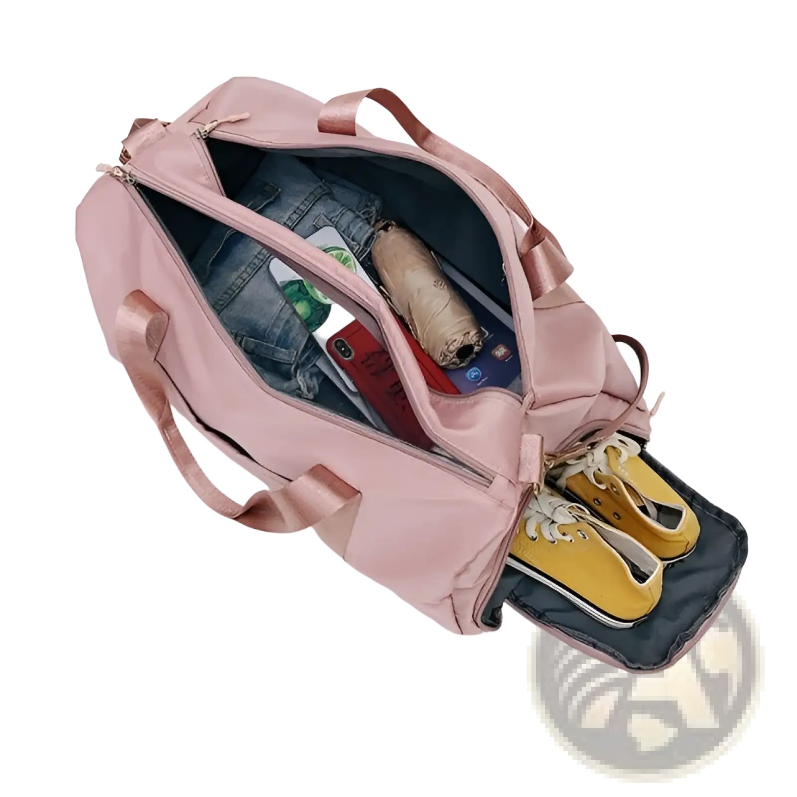 Rose gold nylon waterproof sports duffel bag in pink with matching handles and side shoe compartment