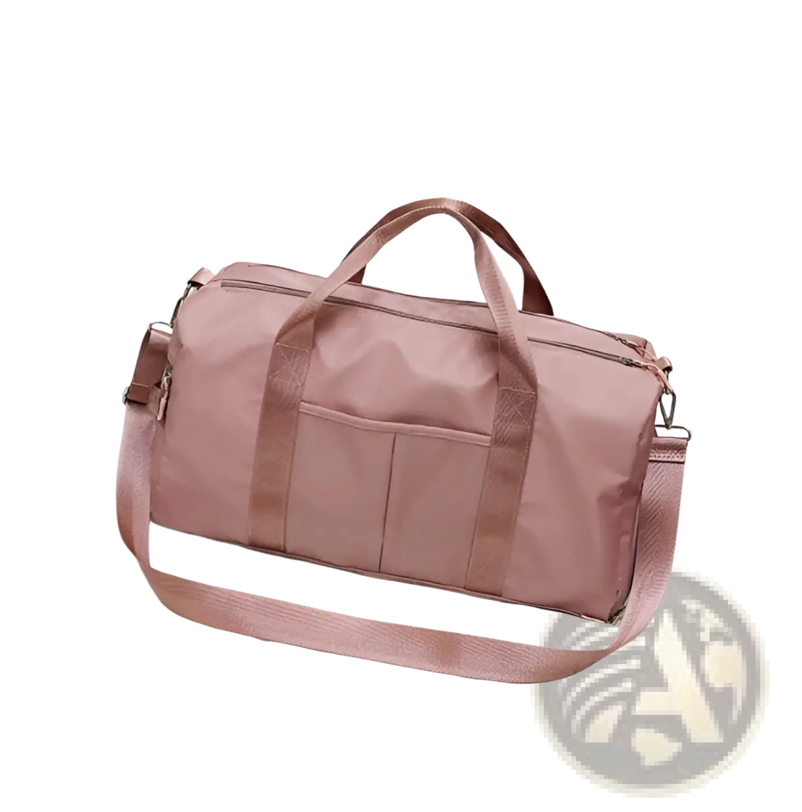 A sleek rose gold nylon waterproof sports duffel bag with reinforced straps and multiple zippered compartments