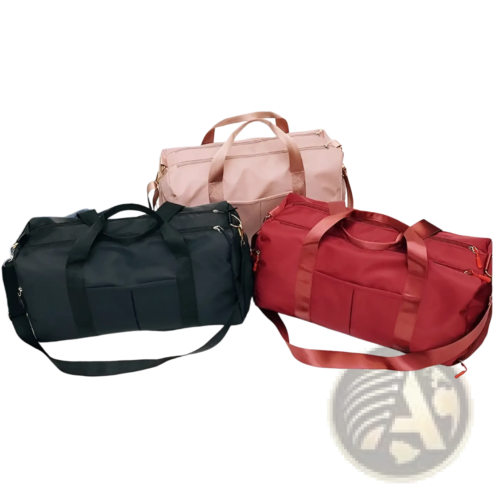 Three nylon waterproof sports duffel bags in black pink and red with fabric handles and adjustable shoulder straps
