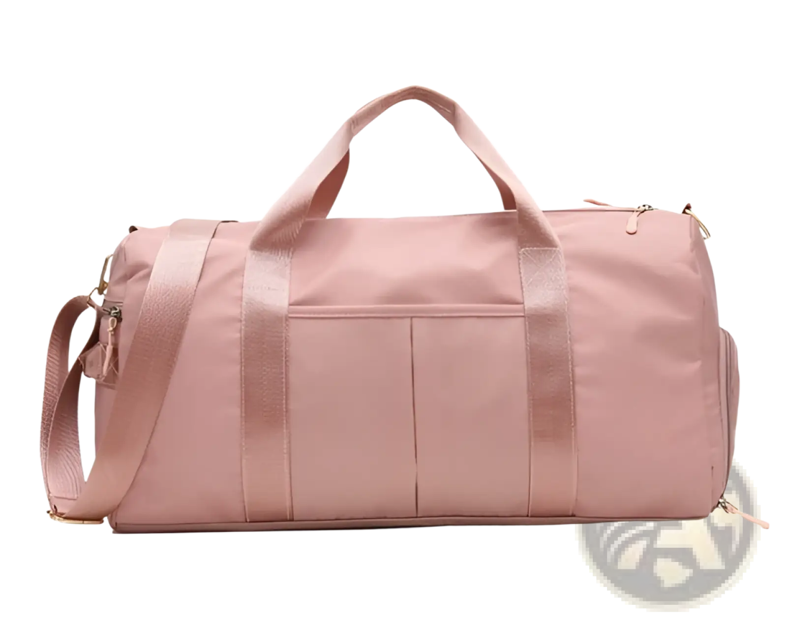 A sleek blush pink rose gold nylon waterproof sports duffel bag with sturdy fabric and detachable shoulder straps