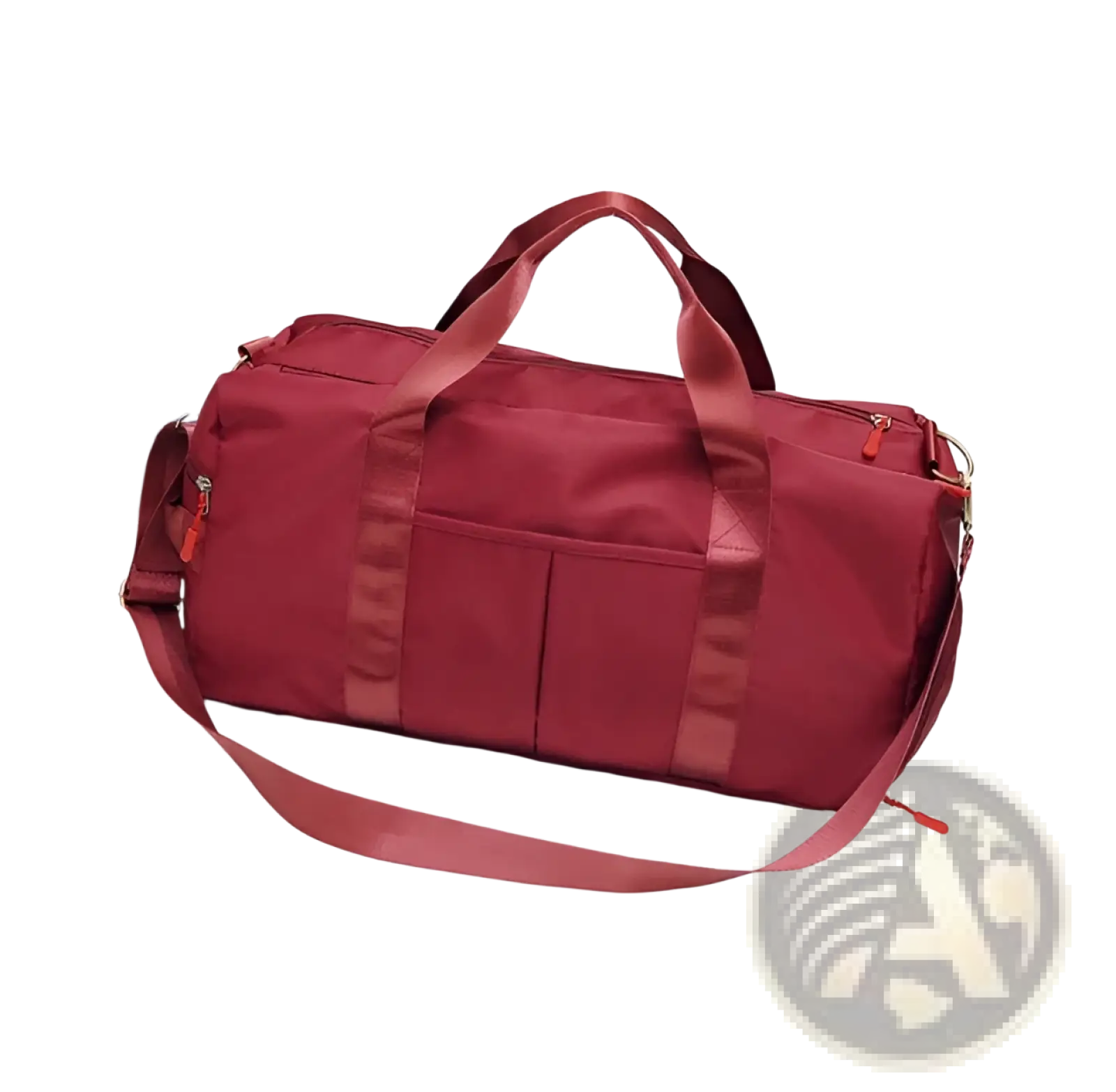 Red nylon duffel bag with reinforced handles and detachable shoulder strap designed for sports and travel use
