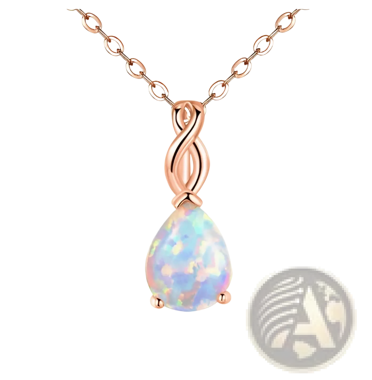 Rose gold opal teardrop earrings with diamond accents featuring iridescent blue and white flashes in twisted design