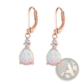 Rose gold opal teardrop earrings featuring diamond accents with a round diamond above each opal stone