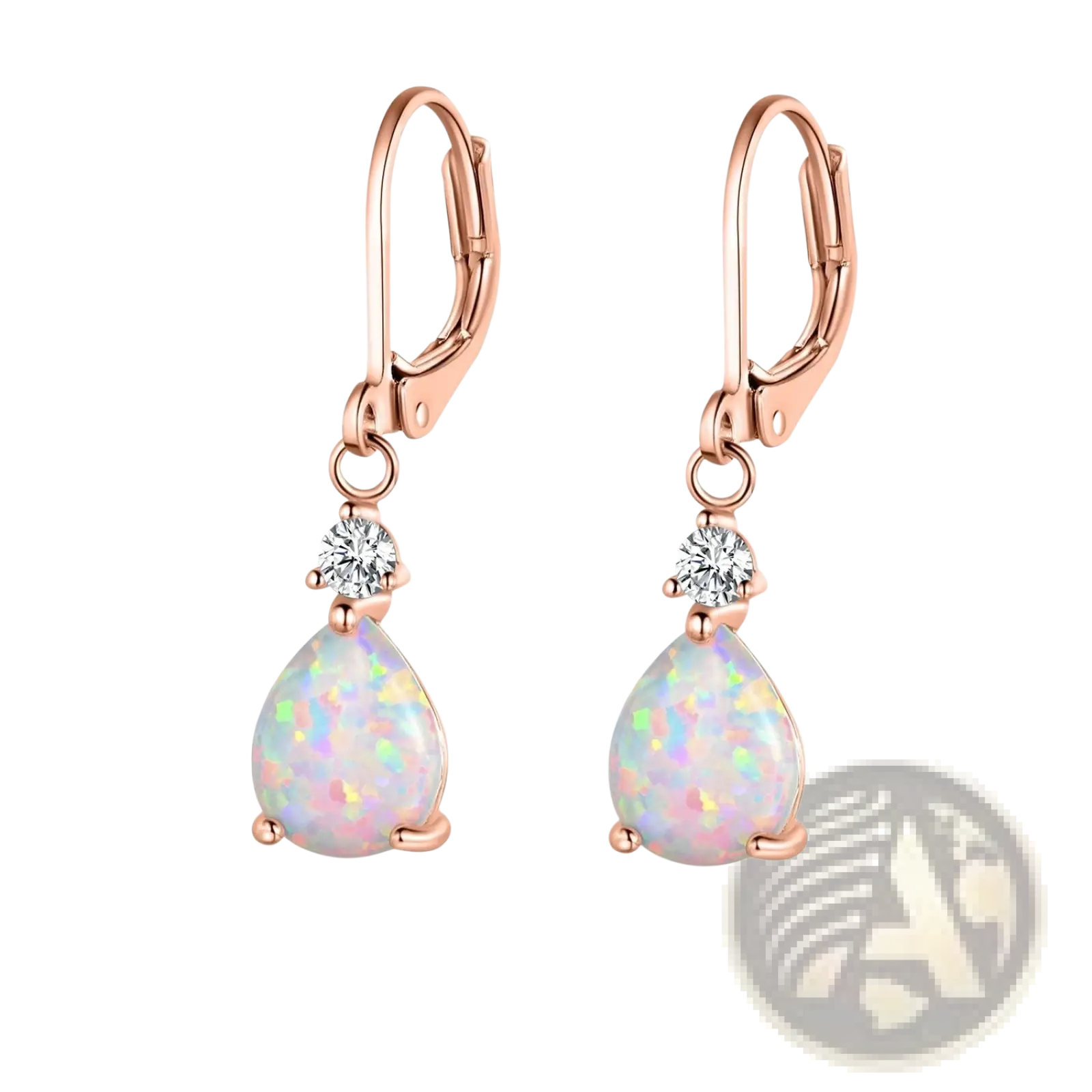 Rose gold opal teardrop earrings featuring diamond accents with a round diamond above each opal stone
