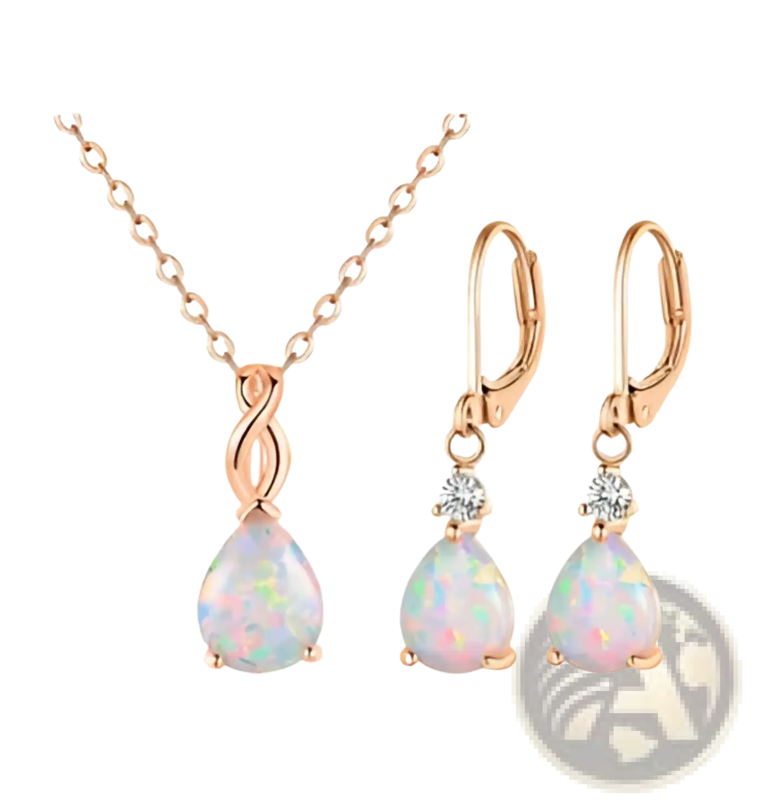 Rose gold opal teardrop pendant necklace and matching earrings set with diamond accents for elegant wear