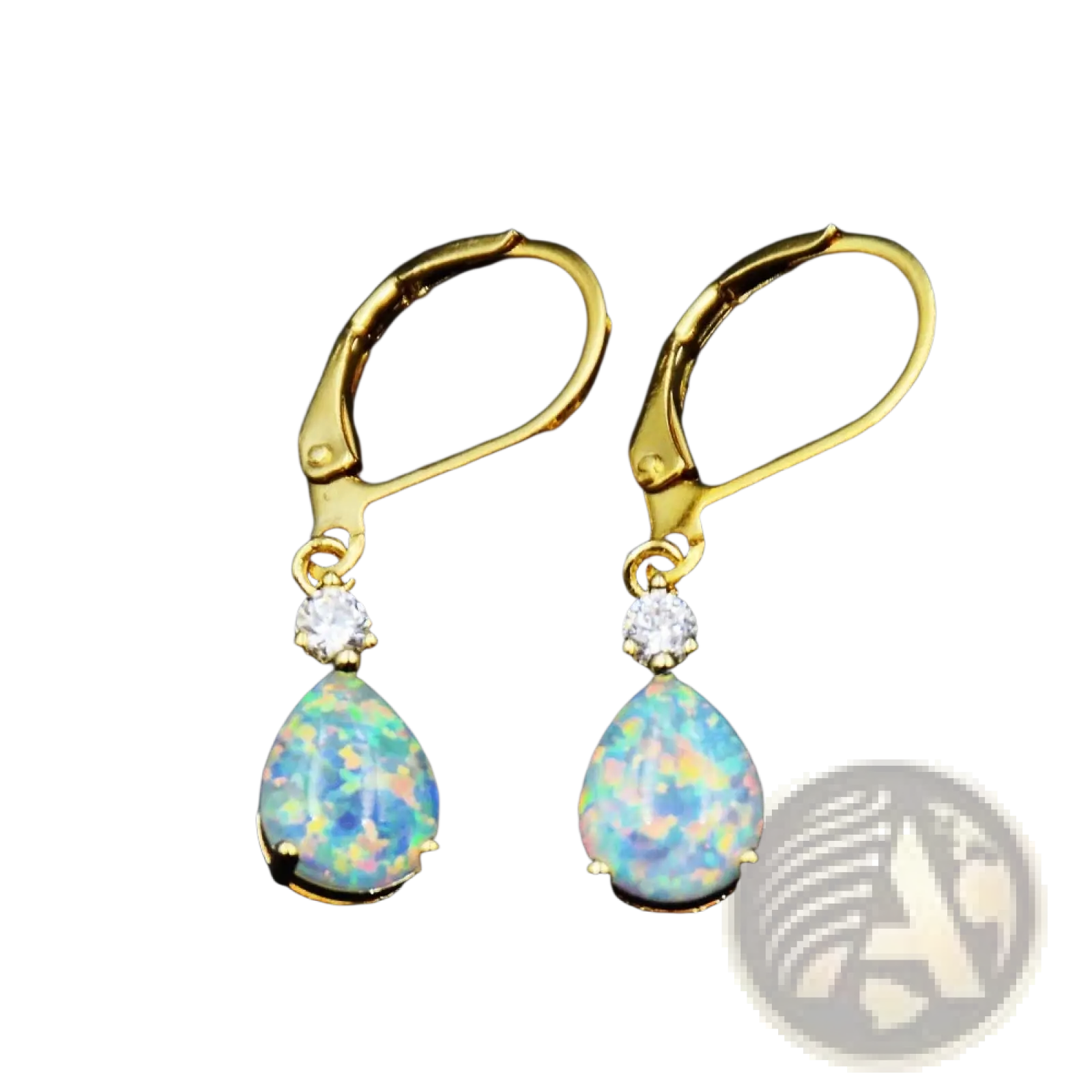 Rose gold opal teardrop lever-back earrings with shimmering blue and white opal and diamond accents