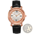 Rose gold quicksand crystal watch with black crocodile leather strap and white dial featuring roman numerals