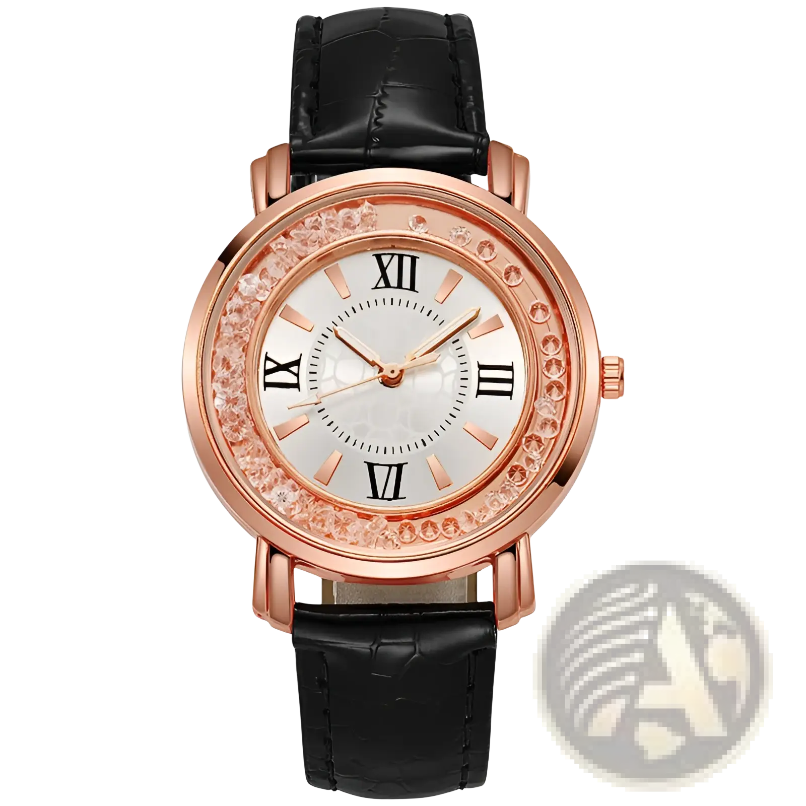 Rose gold quicksand crystal watch with black crocodile leather strap and white dial featuring roman numerals