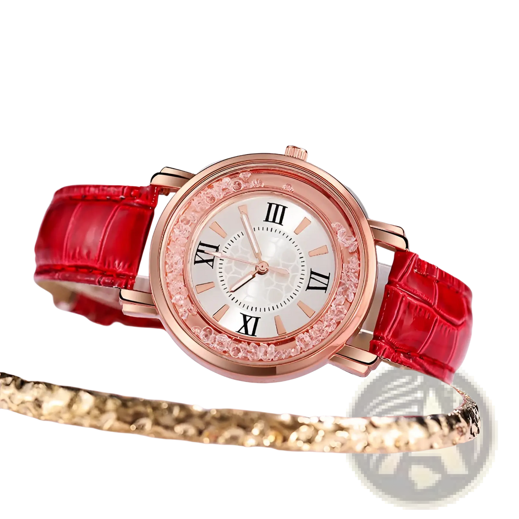 A rose gold quicksand crystal watch with a red crocodile-patterned leather strap and sparkling crystal bezel