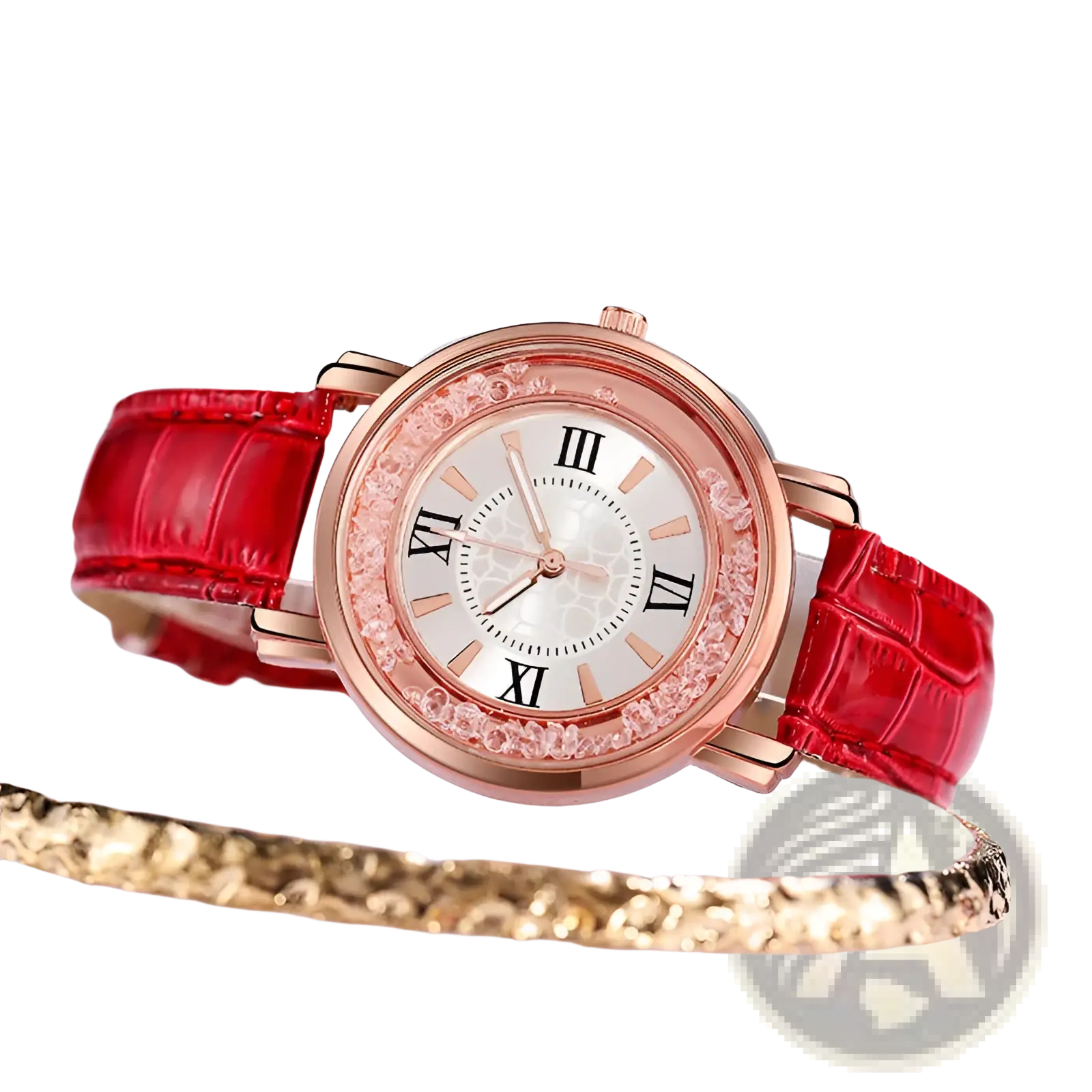 A rose gold quicksand crystal watch with a red crocodile-patterned leather strap and sparkling crystal bezel