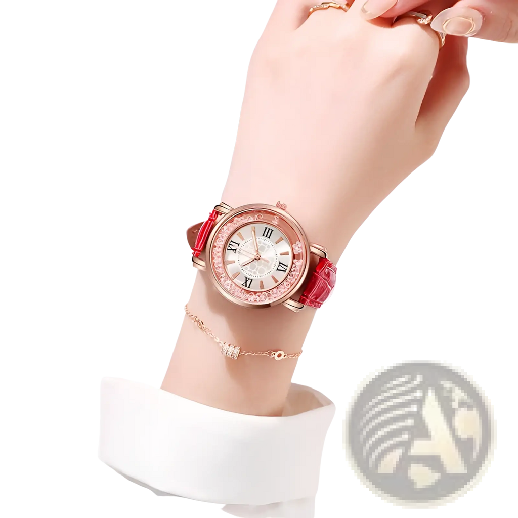 A delicate rose gold quicksand crystal watch with sparkling bezel and red embossed leather strap featuring roman numerals