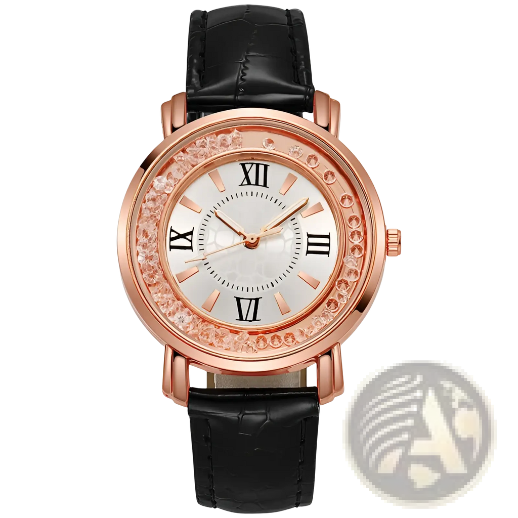 Rose gold quicksand crystal watch with black crocodile textured leather strap and roman numerals on white dial
