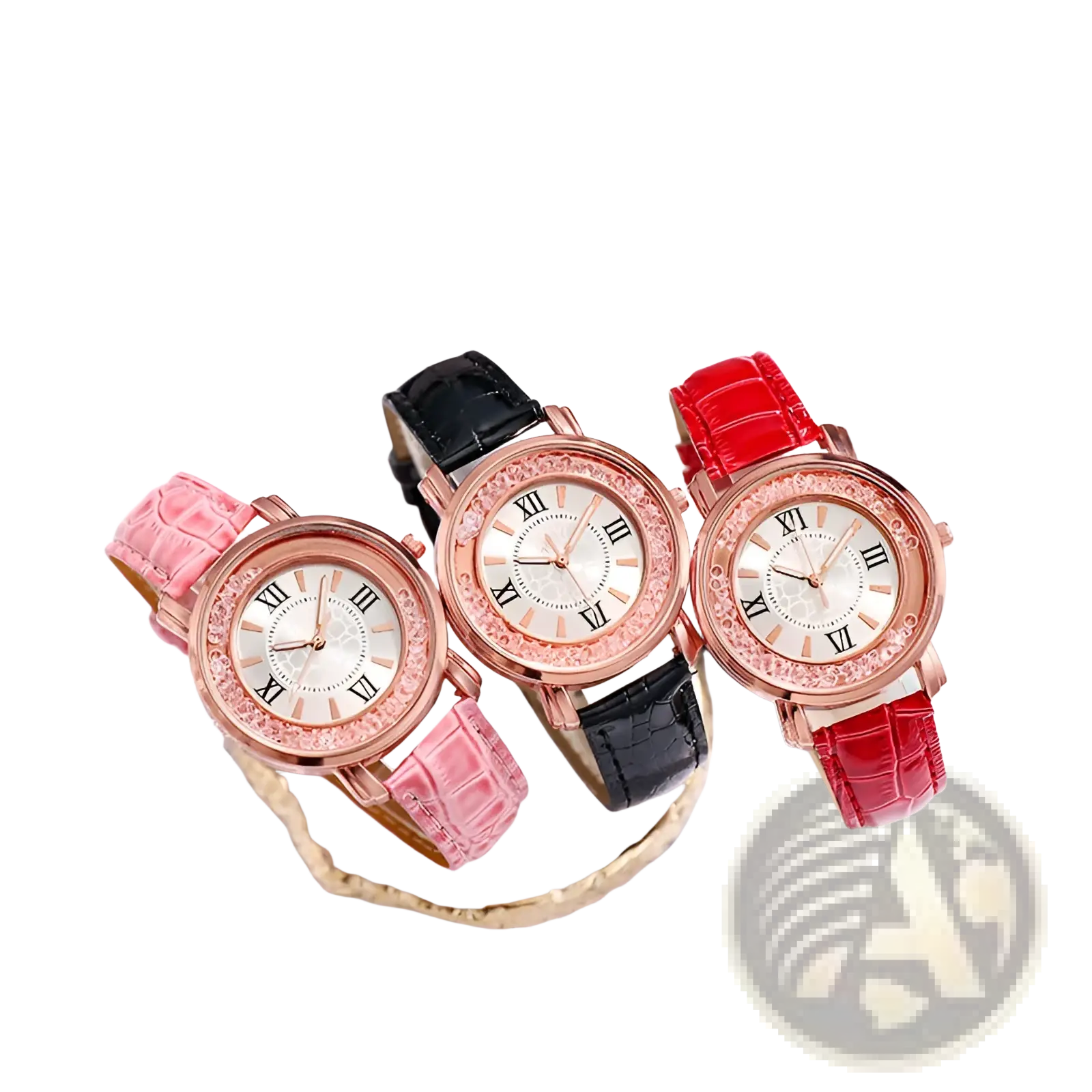 Three rose gold quicksand crystal watches with embossed pink black and red crocodile leather straps and roman dials