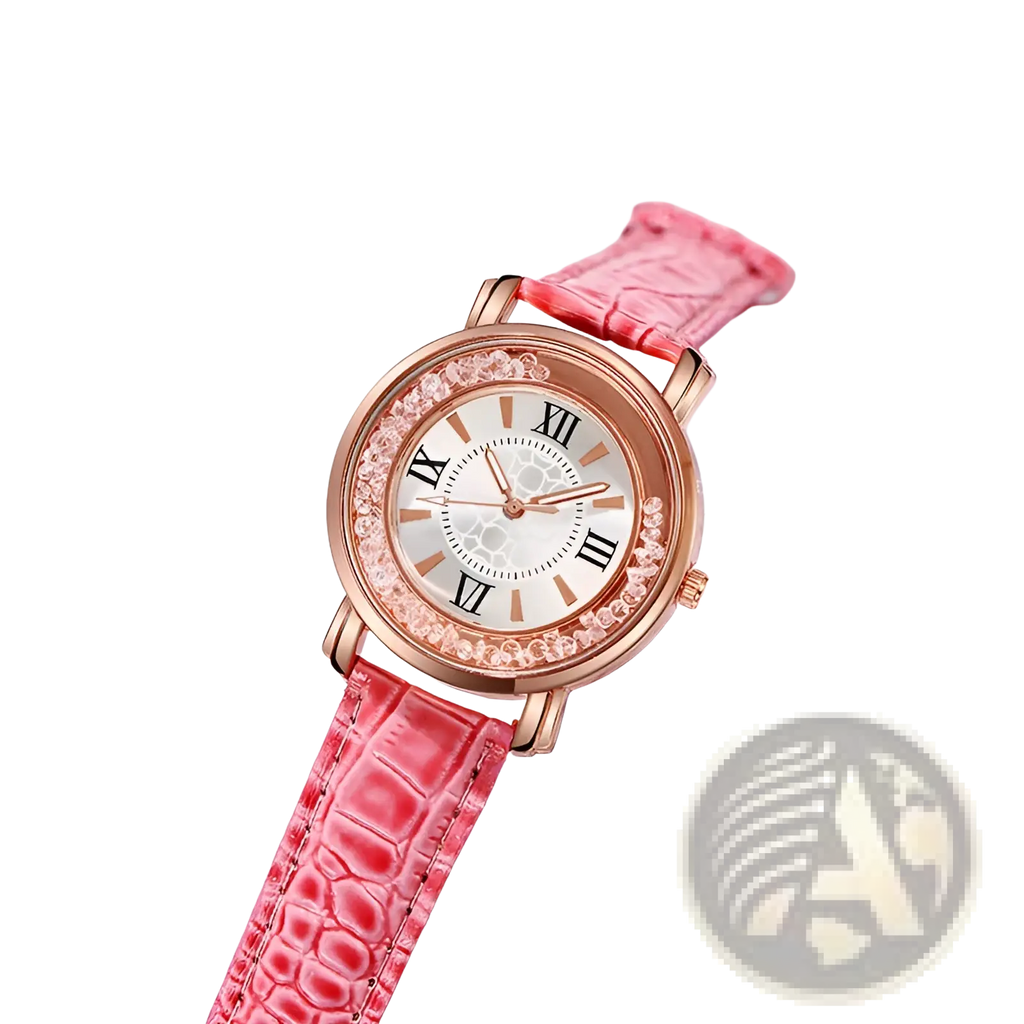 Rose gold quicksand crystal watch with pink crocodile-patterned embossed leather strap and roman numeral white dial