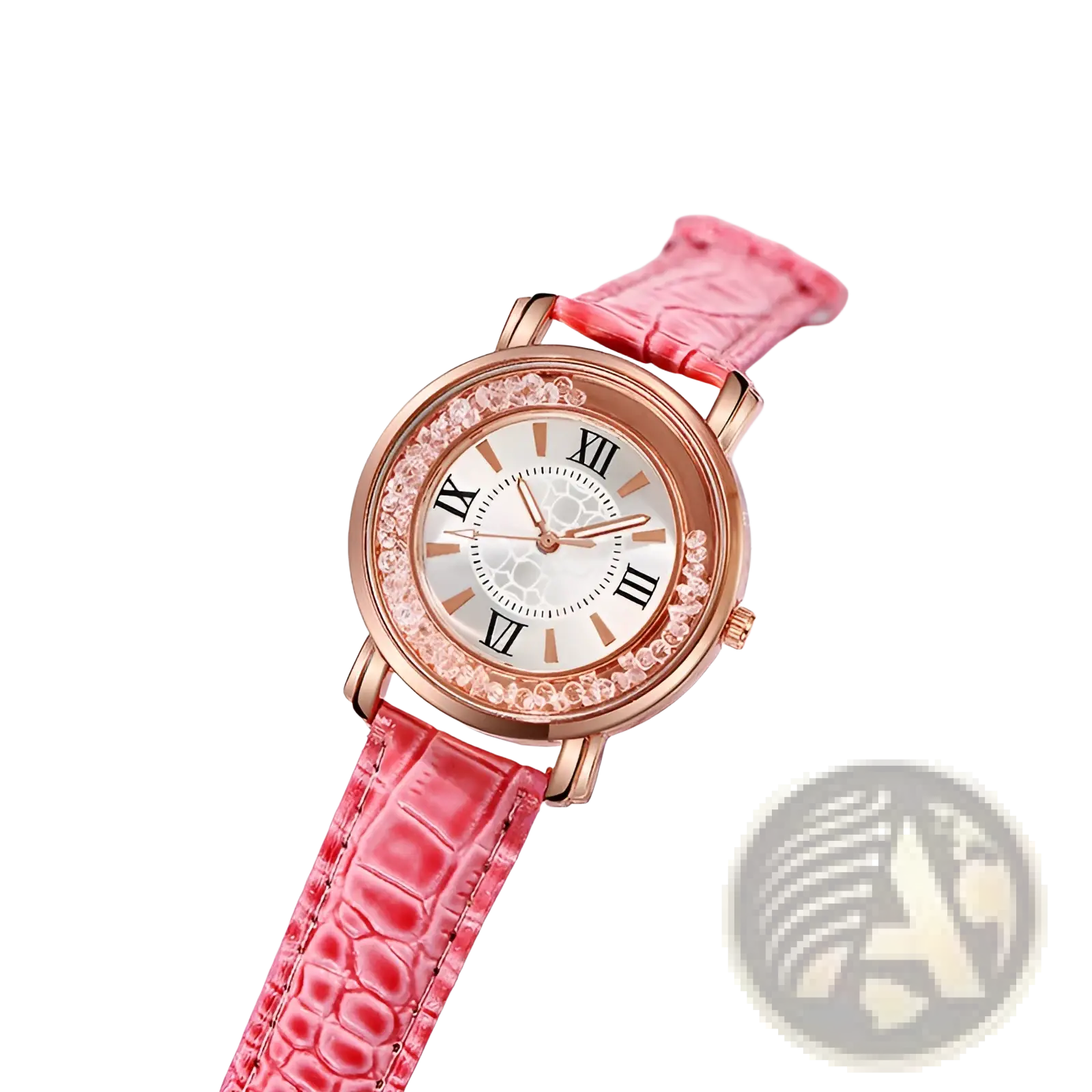 Rose gold quicksand crystal watch with pink crocodile-patterned embossed leather strap and roman numeral white dial