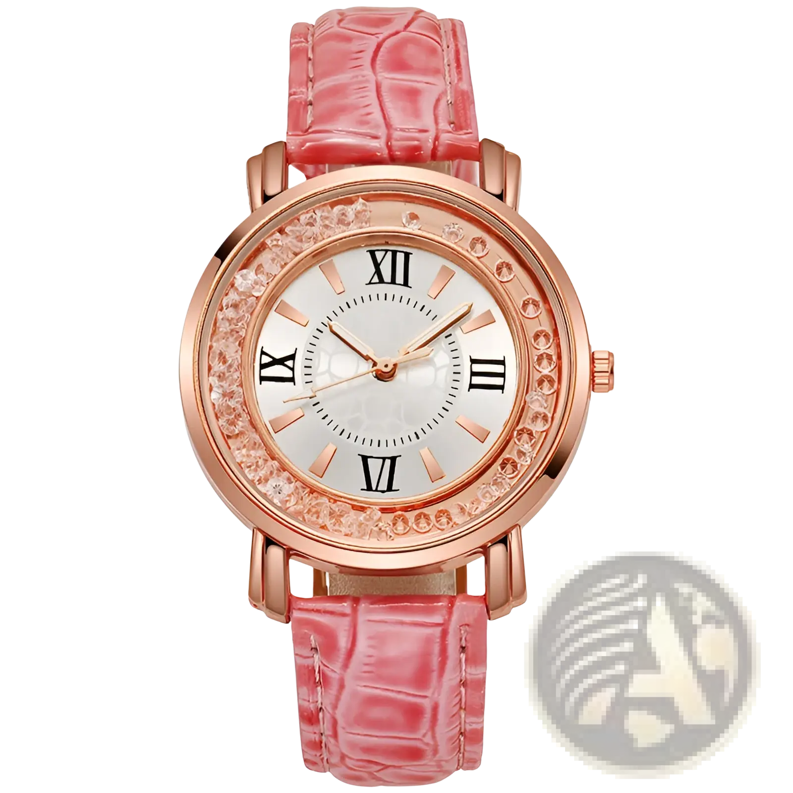 Rose gold quicksand crystal watch with a pink crocodile-textured leather strap and roman numerals on white dial